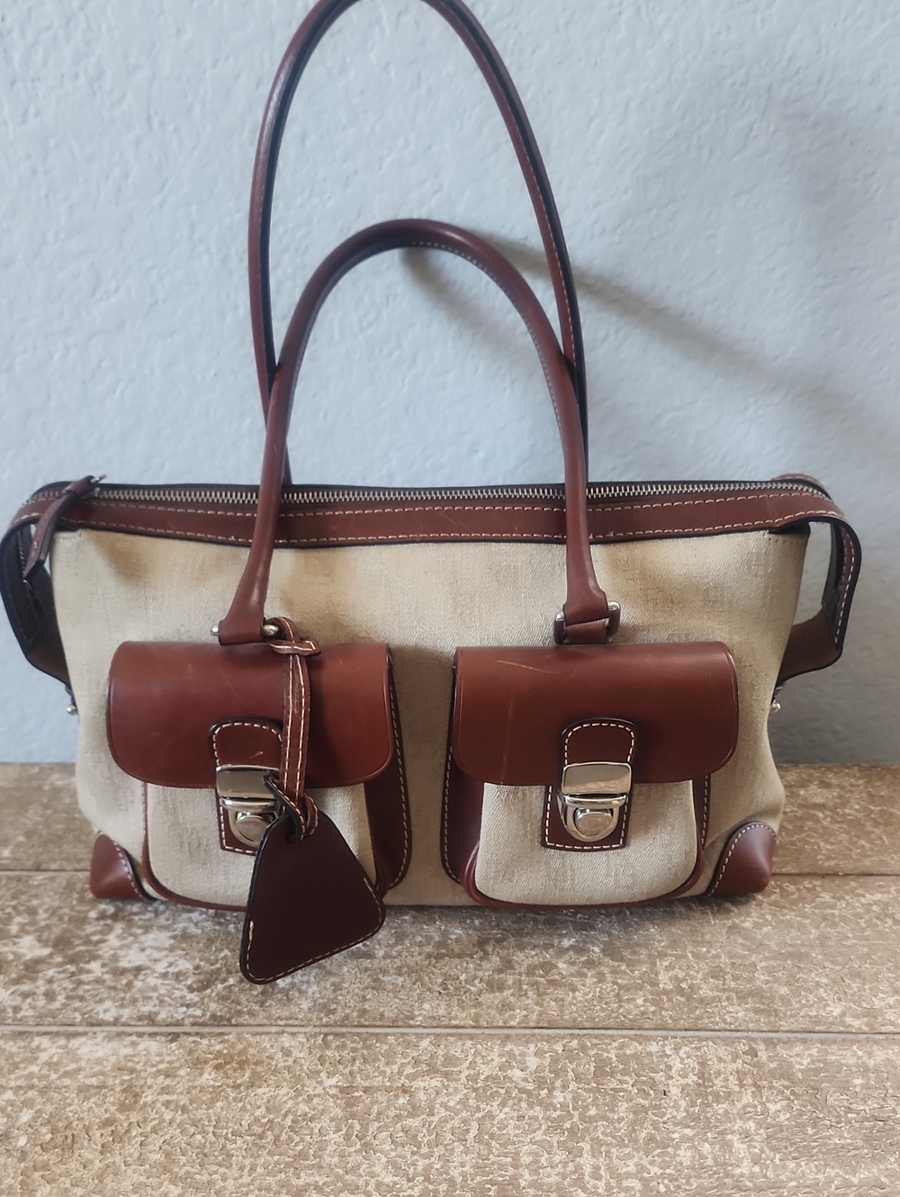 Dooney & Bourke Cream Canvas Satchel with Brown Leather Trim and Front Pockets - Picture 2 of 11
